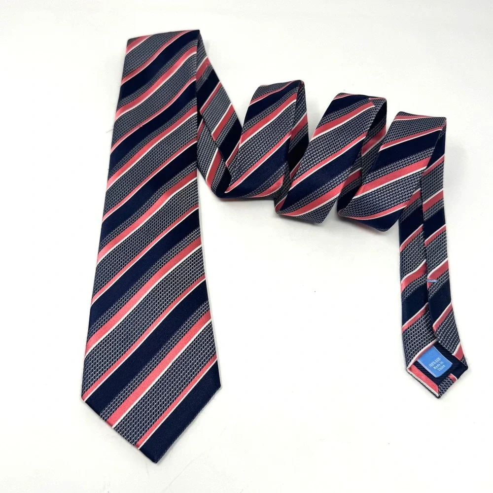 Countess Mara Mens Silk Necktie Navy Blue Coral Pink White Striped Silk Tie